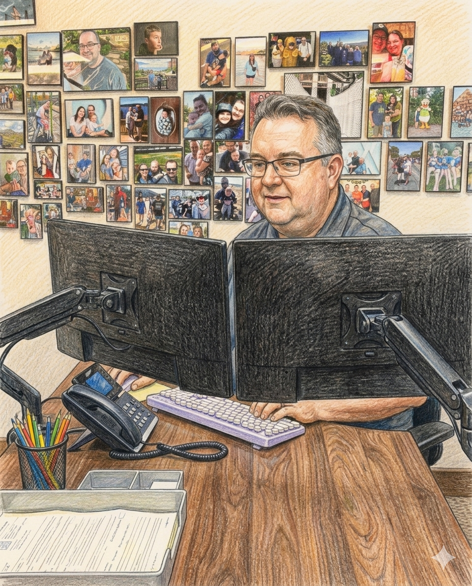 Dave working at his desk — color pencil illustration
